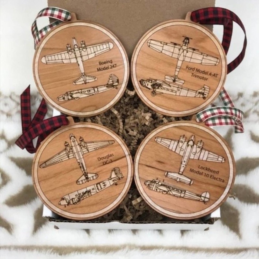 Classic Vintage Airplane Handmade Wood Wooden Ornaments Festive Holiday Gift Set